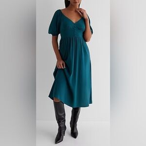 V-Neck Puff Sleeve Button Front Tie Back Midi Dress